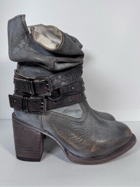Freebird Blaine Slouchy Shaft Belted Buckle Ice Grey Distressed Leather Womens 5